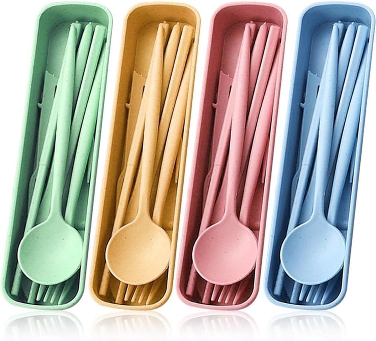 4-delige Bestekset met Etui | Herbruikbaar Reisbestek van Plastic | Lichtgewicht, Waterdicht en Stijlvol voor Dagelijks Gebruik, Picknicks en Kamperen