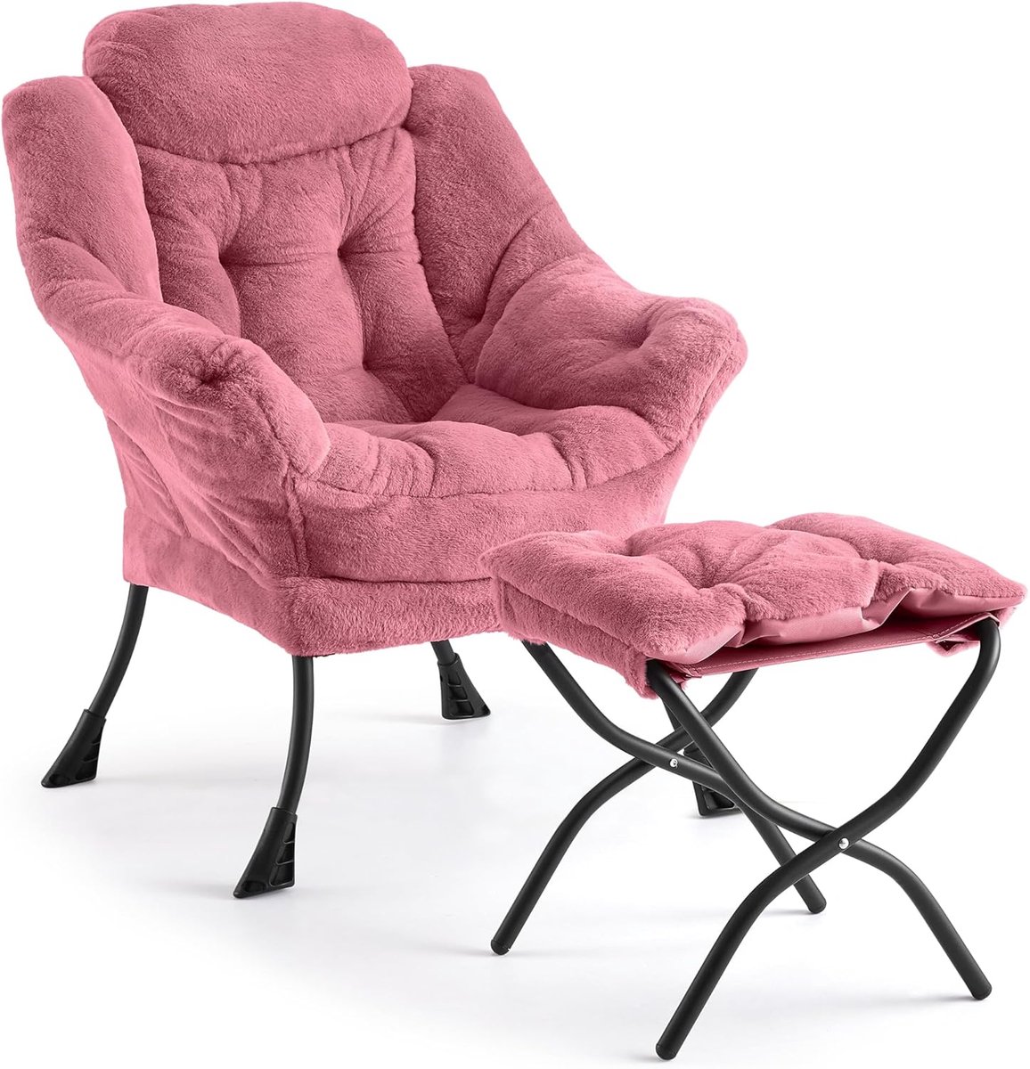 Comfortabele Relaxstoel met Opvouwbaar Voetenbankje - Lounge Fauteuil met Zijvak - Ergonomische Leesstoel - Draagkracht 180 kg - roze