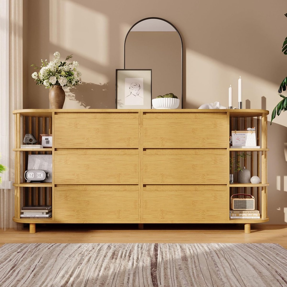 Modern Eiken Dressoir met 6 Laden en Open Bamboe Vakken - Luxe Wandkast met Romeinse Zuilen en Verstelbare Poten - 160 x 40 x 75 cm