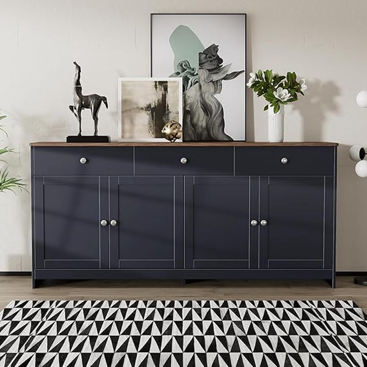 Modern Country Sideboard Kast 160 cm met 4 Deuren en 3 Lades – Houtnerf Design Grijs-Zwart en Houtkleur – Opbergkast voor Woonkamer, Eetkamer en Keuken
