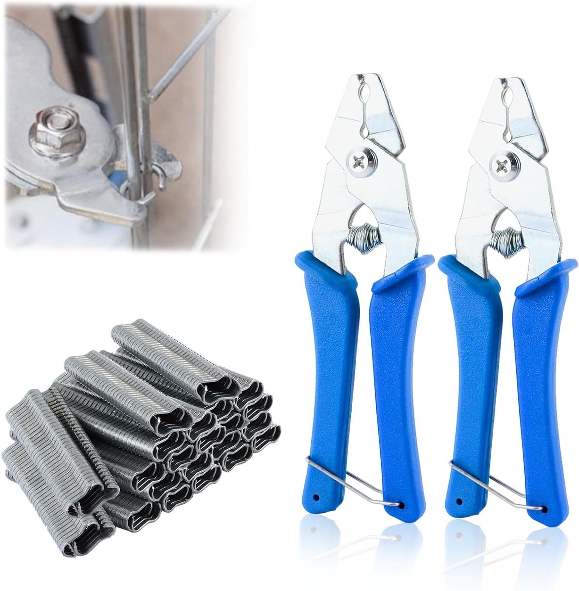 Set van 2 worstclipper tangen met 1200 clips, ideaal voor het bevestigen van omheiningen en matrassen