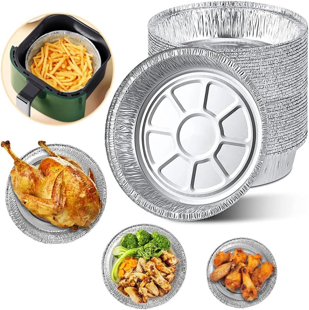 Wegwerpborden van aluminiumfolie, ronde taartvormen 20,3 cm voor airfryers, bakken en grillen, 50 stuks