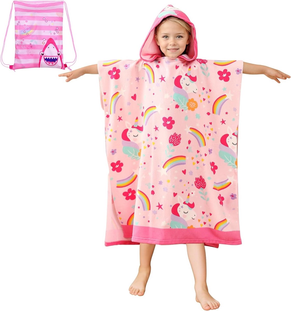 Thijox - Bad Poncho Kids Microvezel Badhanddoek met Kap Roze Eenhoorn 75x180cm - Absorberende Strandhanddoek voor Kinderen 6-15 Jaar - Ideaal voor Str