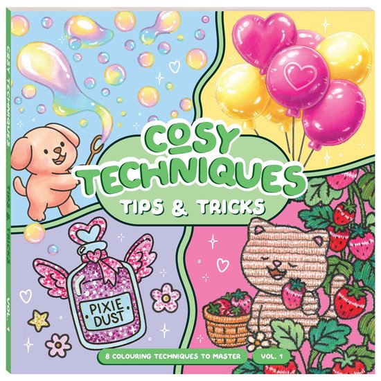 Boekomslag van 'Cosy Techniques Vol. 1' met illustraties van een hondje, een flesje 'Pixie Dust', een katje en ballonnen.