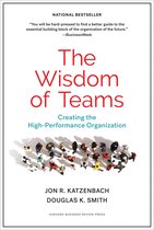 Boek: The Wisdom of Teams. Creating the High-Performance Organization. Met een citaat van Business Week en afbeelding van bovenaf van een groep mensen.