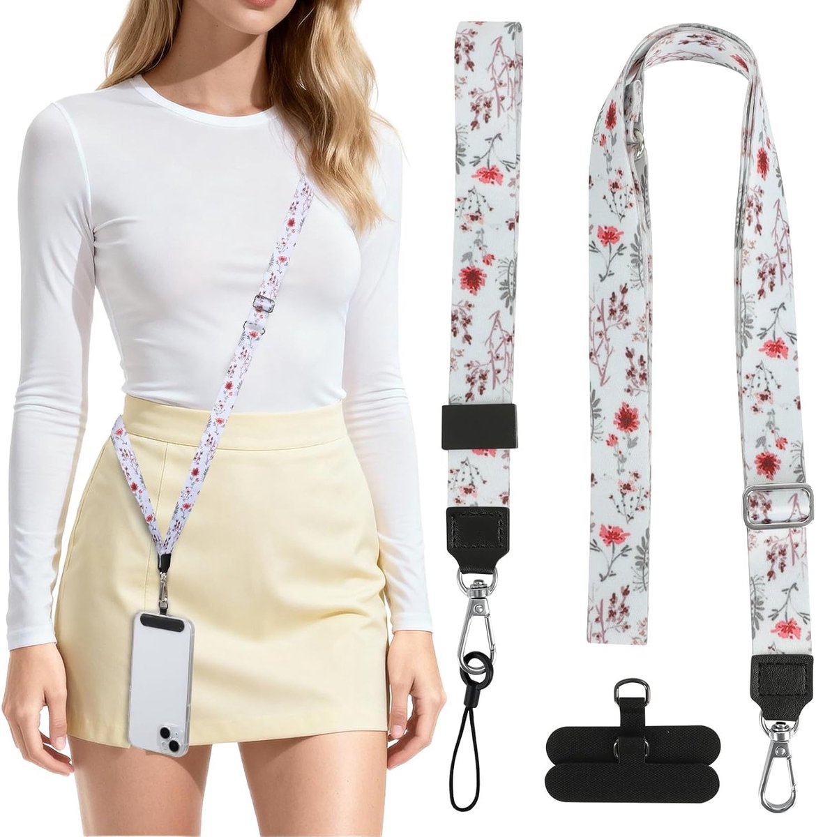 Verstelbare Telefoonkoord Set met Lanyard en Polsband, Inclusief 2 Telefoon Patches voor Smartphones voor Dames en Heren