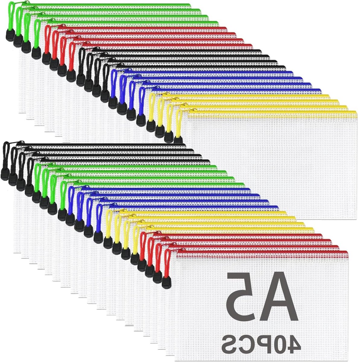 Pack van 40 A5 documenttassen, doorzichtige PVC mesh, ritszakken voor documenten, met labelcompartiment, ideaal voor archivering en organisatie