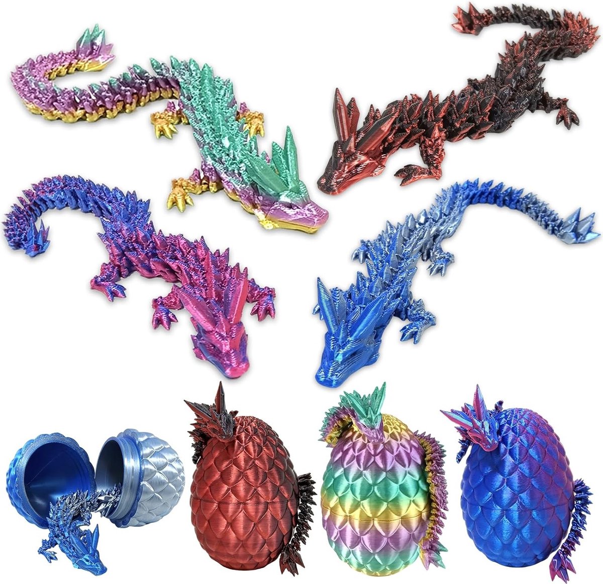 3D Geprinte Draak in Ei, 4 Stuks Articulated Draakfiguur voor Paasmanden, Fidget Speelgoed en Decoratie voor Thuis en Kantoor