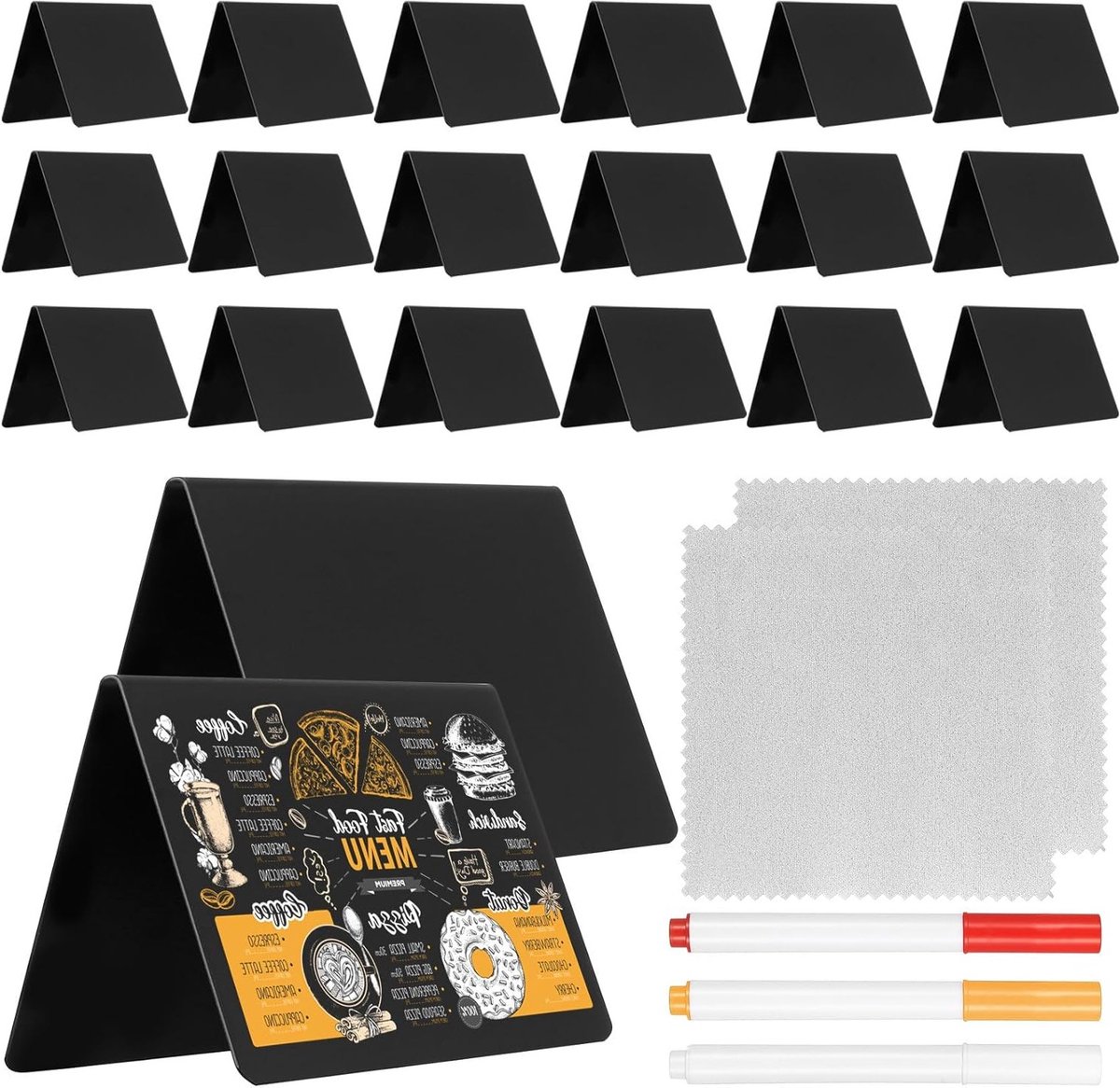 Mini Slate en Chalkboard Set - 21 Stuks Kleine Borden voor Prijslabels, Feesten en Bruiloften met 3 Krijtmarkers en 2 Doeken (100 x 75 mm)