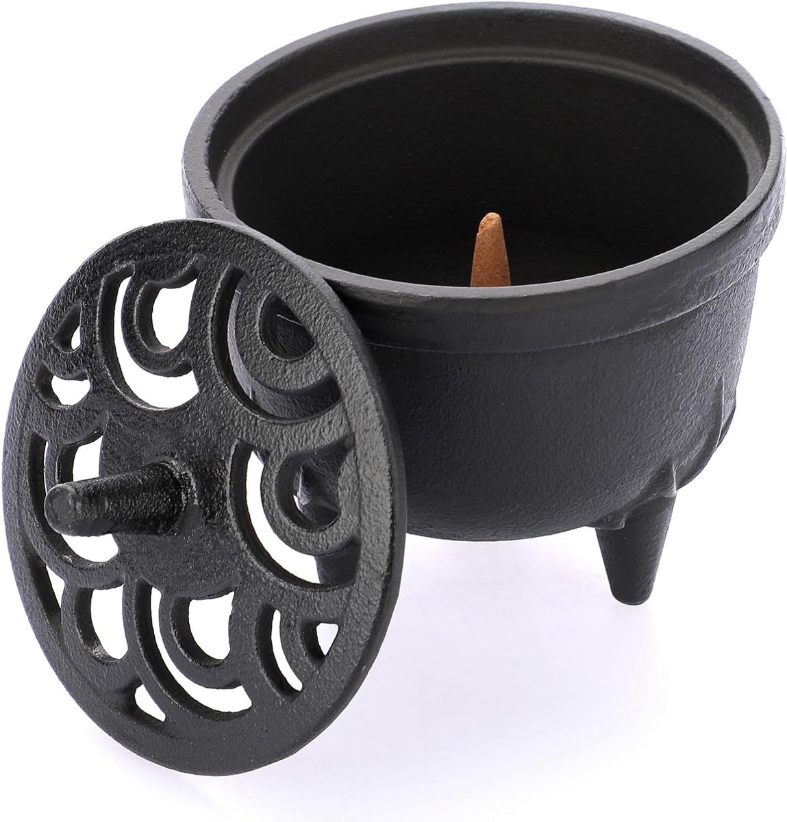 Gietijzeren Wierookbrander met Deksel - Wierookstokhouder en Wierookkom voor Thuisdecoratie, Yoga en Slaapkamer (Zwart)