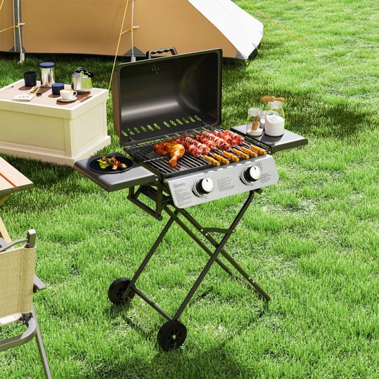 Gasbarbecue - Inklapbaar Gasbarbecue en Gasgrill - 2 Branders - Grillwagen - 5,6 kW - met Grillrooster, Wielen, Bijzettafels, Drukregelaar, Slangen, Thermometer - 101 x 50 x 102 cm - Zwart van Merkloos — afbeelding 4