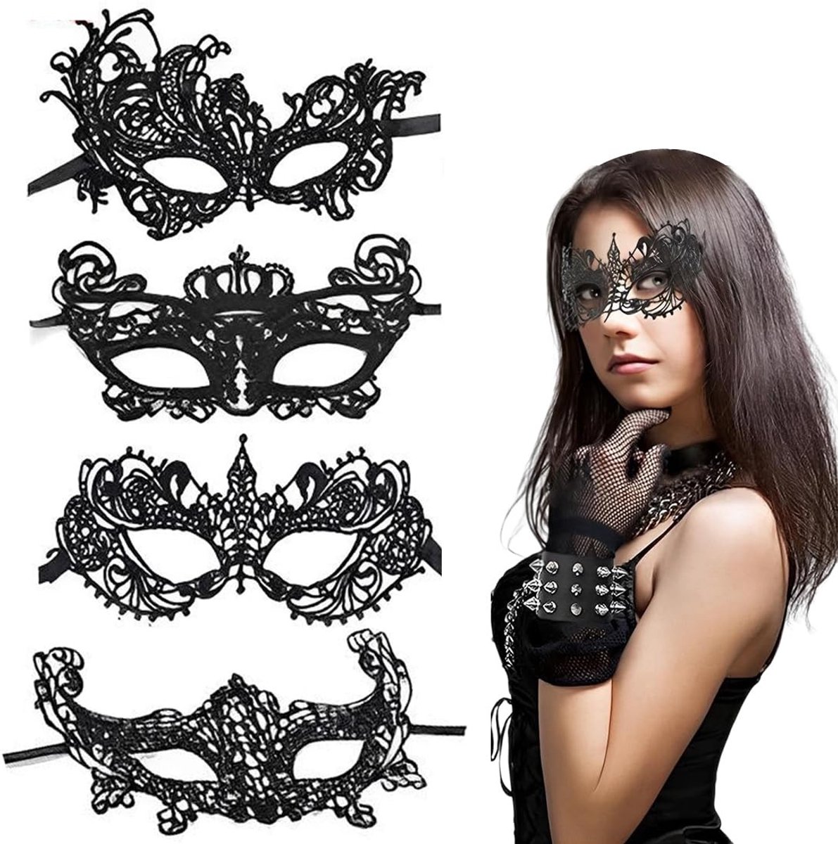 Seb3 - Masker - Venitiaans oogmasker - Sexy en uniek - Zwart - Lace masker - Perfect voor Halloween en feestjes - Set van 4