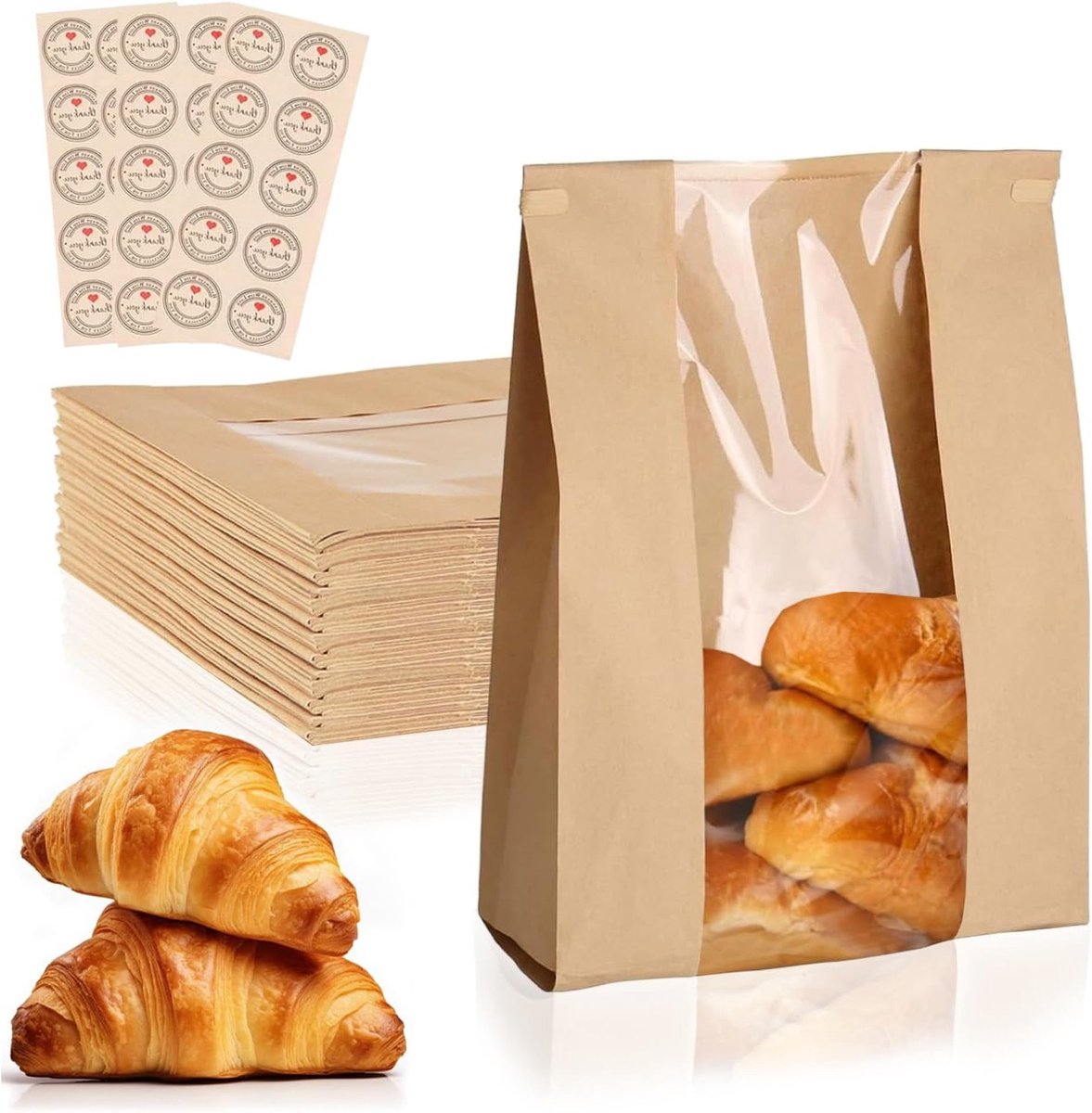 Herbruikbare papieren broodzakken met venster - 40 stuks, voedselveilig, ideaal voor bakken en bewaren van brood, inclusief sluitdraad en stickers
