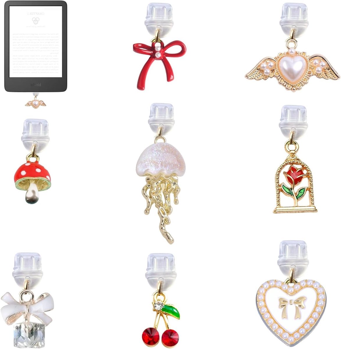 8 Stuks Hangers met Gouden Kersenhart en Riemontwerp voor Kindle en Telefoon - Stofbescherming, Type C, Decoratieve Accessoires