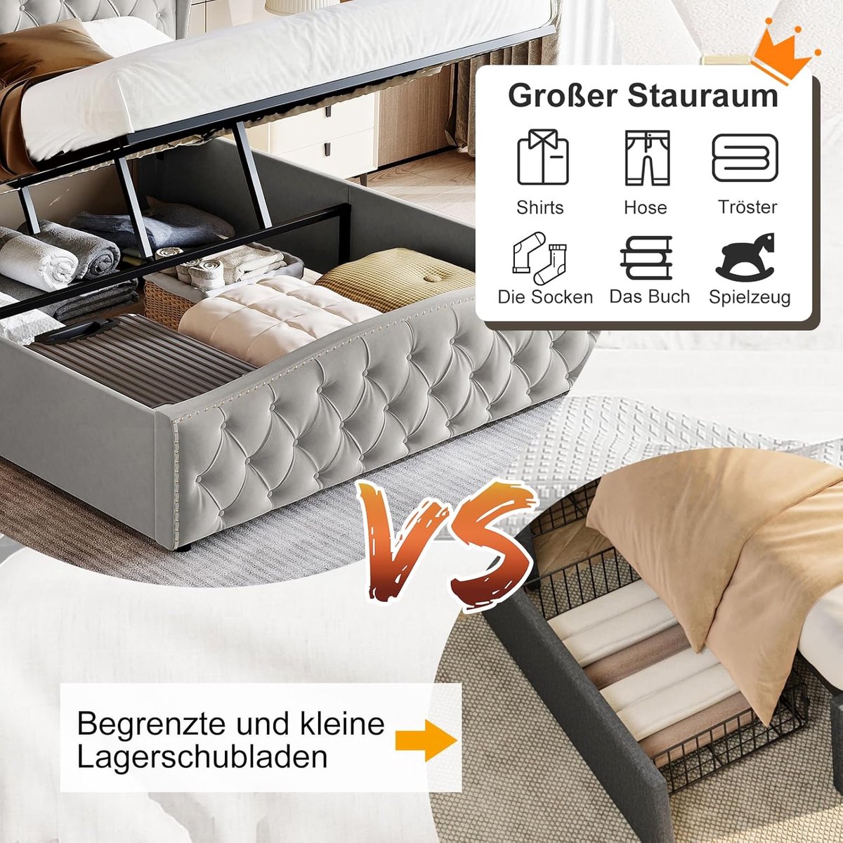 Gestoffeerd Bed 140x200 cm met Hydraulische Opbergruimte en Bedlade – Tweepersoonsbed met Lattenbodem en Fluwelen Bekleding, Luxe Slaapkamer Bedframe met Hoofdeinde – Grijs – HomebyNicole