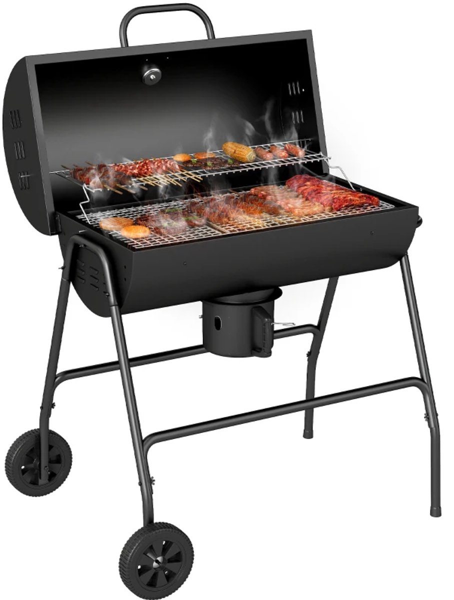 Premie Houtskool Barbecue - Smoker Barbecue - Houtskoolgrill - met Deksel, Thermometer, Wielen & Onderstel - BBQ voor Kamperen, Buiten, Tuin - 95 x 71,5 x 102 cm - Zwart