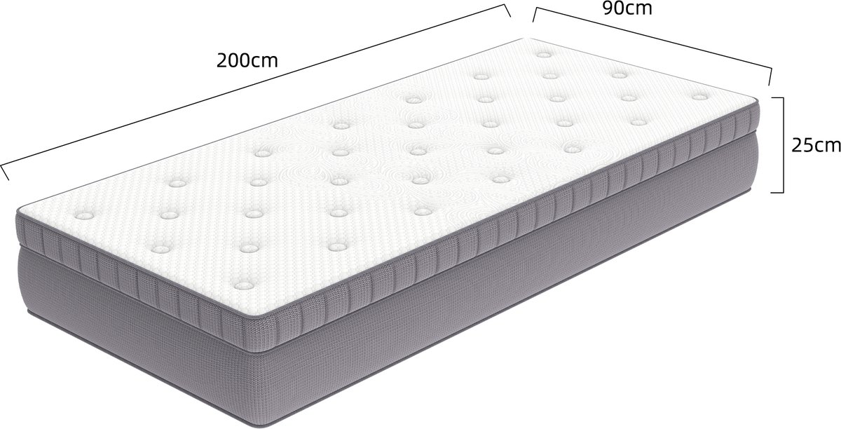 Ergonomisch Pocketvering Matras 90x200 cm - 7-Zones, H3, 25 cm Hoogte - Geheugenschuim, OEKO-TEX® Gecertificeerd, Versterkte Randondersteuning