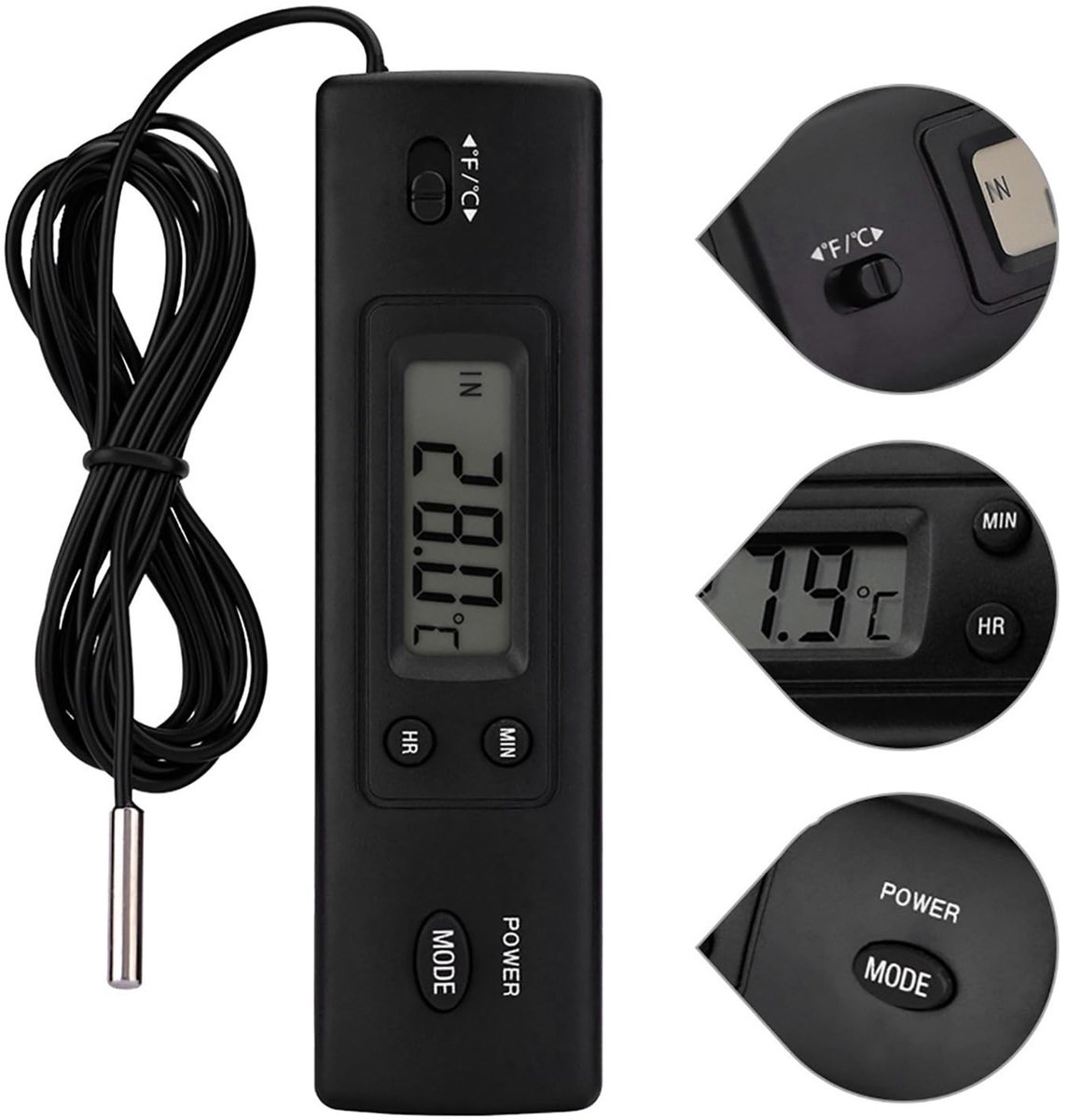 Shopcentral - Digitale Thermometer - Dual Probes - Voor Binnen en Buiten - Zwart - Temperatuurmeting - Geschikt voor Koelkasten, Aquariums, Airco's