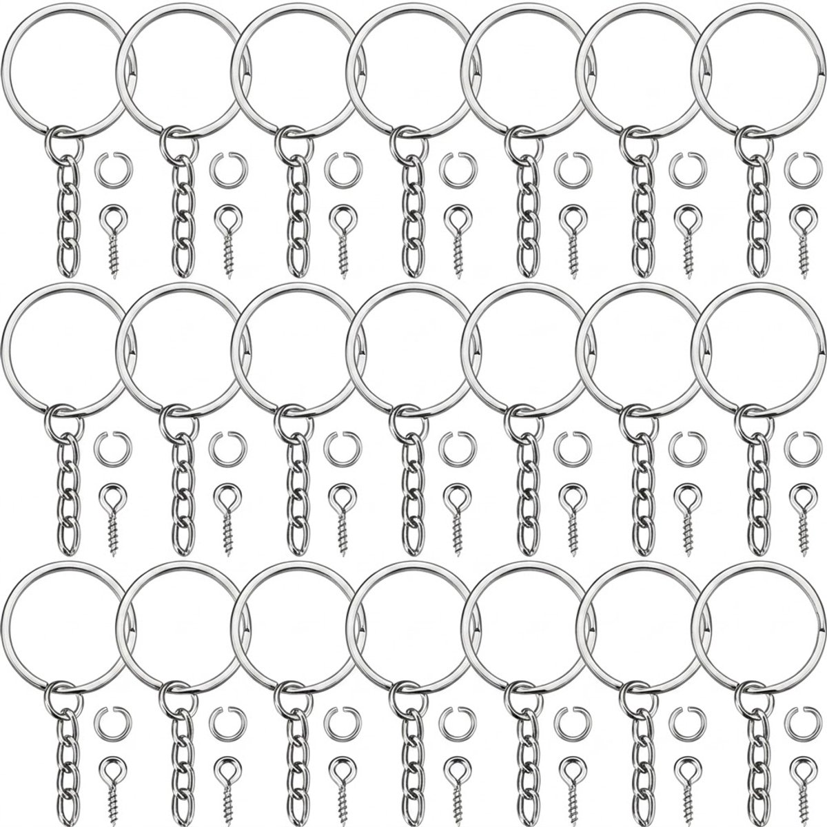 Zilverkleurige sleutelhanger ringen set met ketting en schroef oogjes 120 stuks voor sieraden maken kapjes en ringetjes DIY accessoires