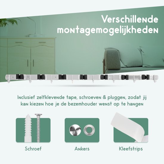 Recalma Bezemhouder Set van 2 - Gereedschapshouder Wand - Bezem Ophangsysteem Tuingereedschap - 304 RVS - 8 Haken 7 Klemmen - Zelfklevend & Schroef - Zilver van Recalma — afbeelding 5