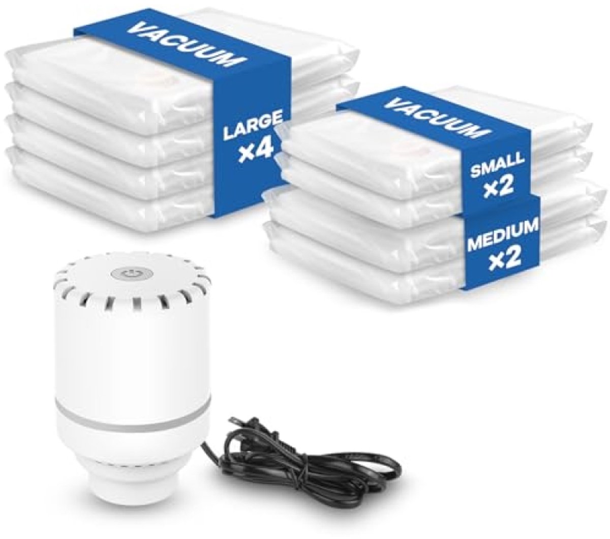 PromoHome Vacuümzakken voor Kleding met Elektrische Pomp - 8 Stuks (4 Groot, 2 Medium, 2 Klein) - Herbruikbare Opbergzakken voor Seizoenskleding, Beddengoed en Dekbedden