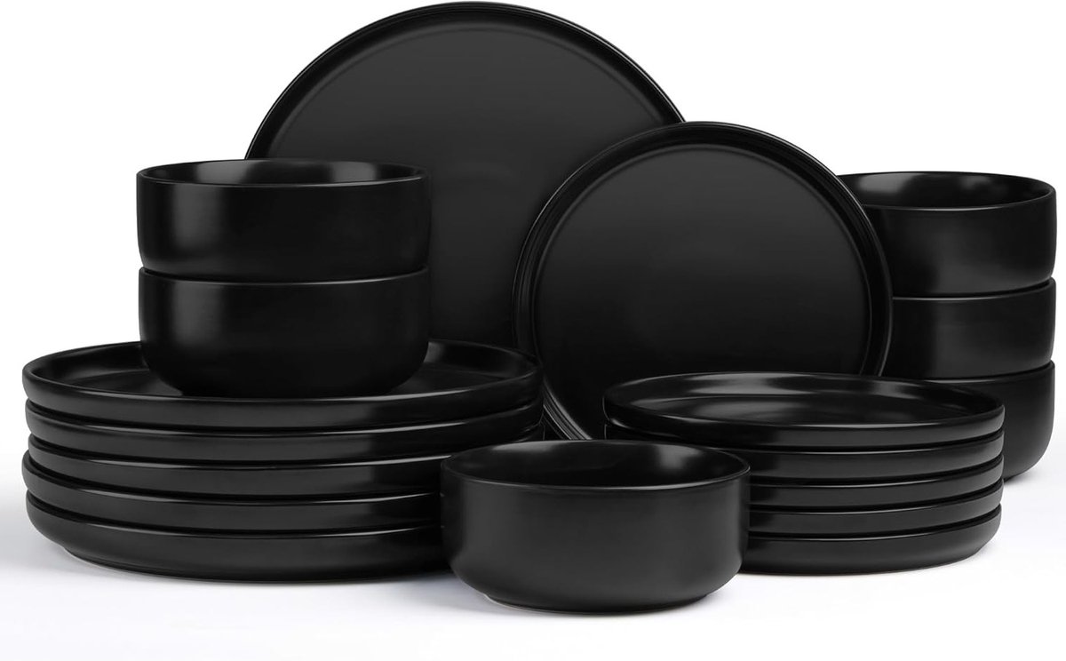 Tafeldiensten Set voor 6 Personen, 18-Delige Aardewerk Servies Set, Reactieve Glazuur Borden, Ontbijtborden en Dessertborden, Magnetron- en Vaatwasserbestendig, Diepzwart Design