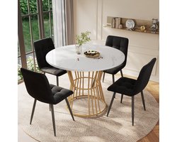 FloraGrace Eettafel - Ronde Tafel Met Marmerlook En Metalen Onderstel - Voor Keuken En Eetkamer - MDF - 100 x 75 cm - Wit