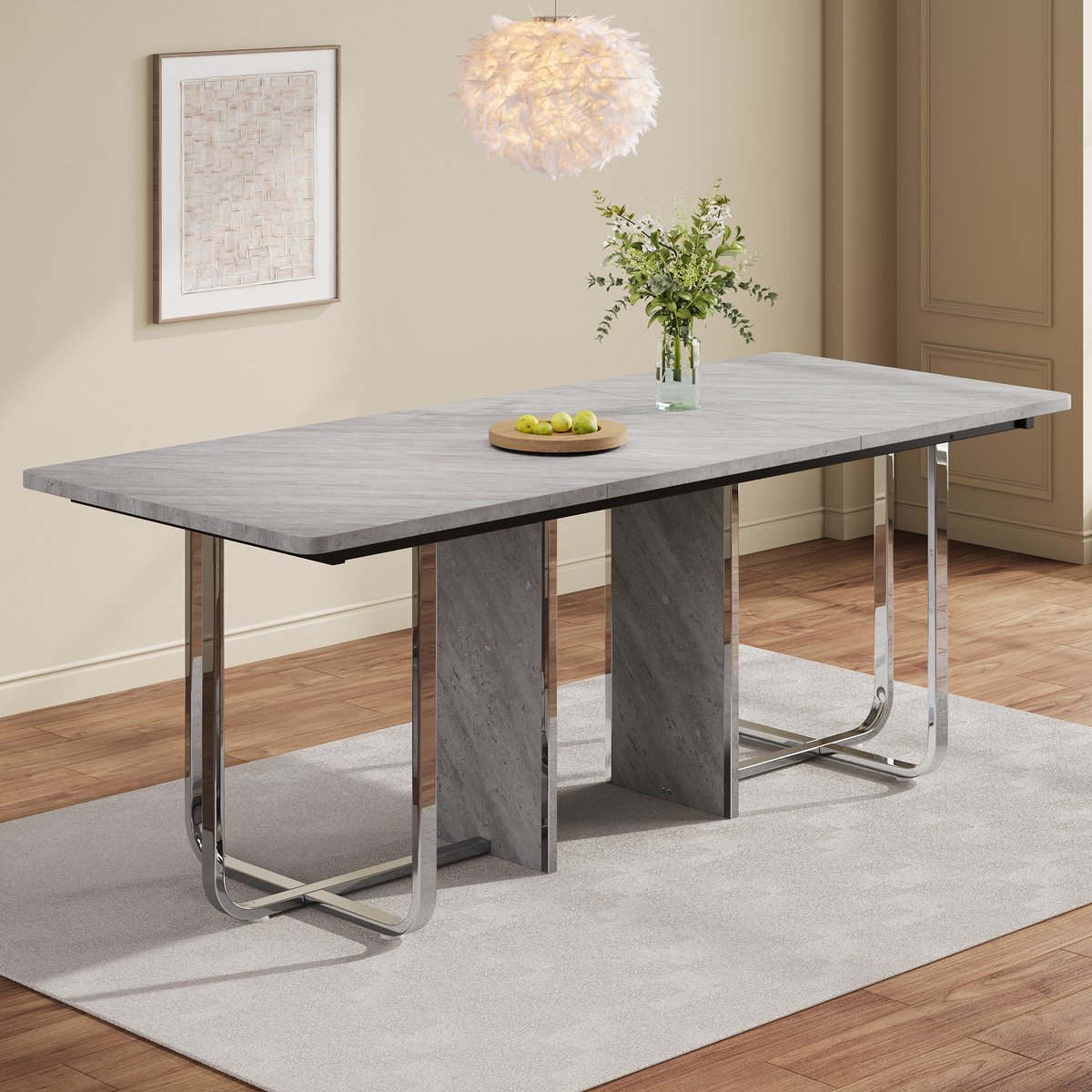 FloraGrace Eettafel - Modern Rechthoekig Design Voor 6 Tot 8 Personen - Grijs Met Metalen Poten - 180x80x75 Cm