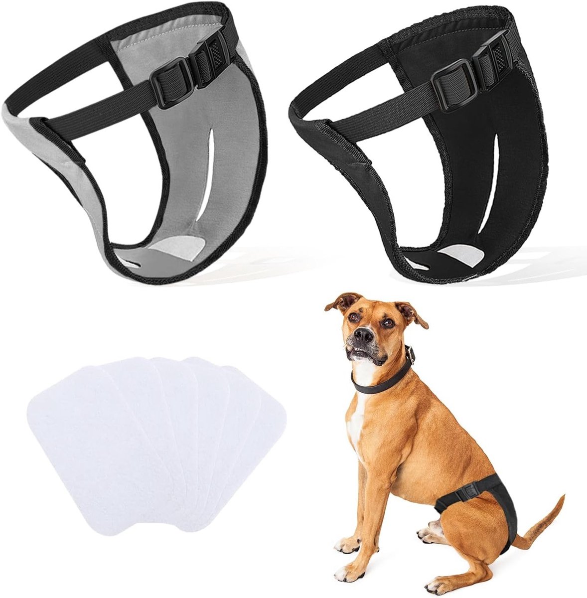 Beschermende Hondenbroekjes voor Teefjes in de Heat met 6 Wegwerpluiers - Verstelbaar en Comfortabel (XL - Zwart & Grijs)