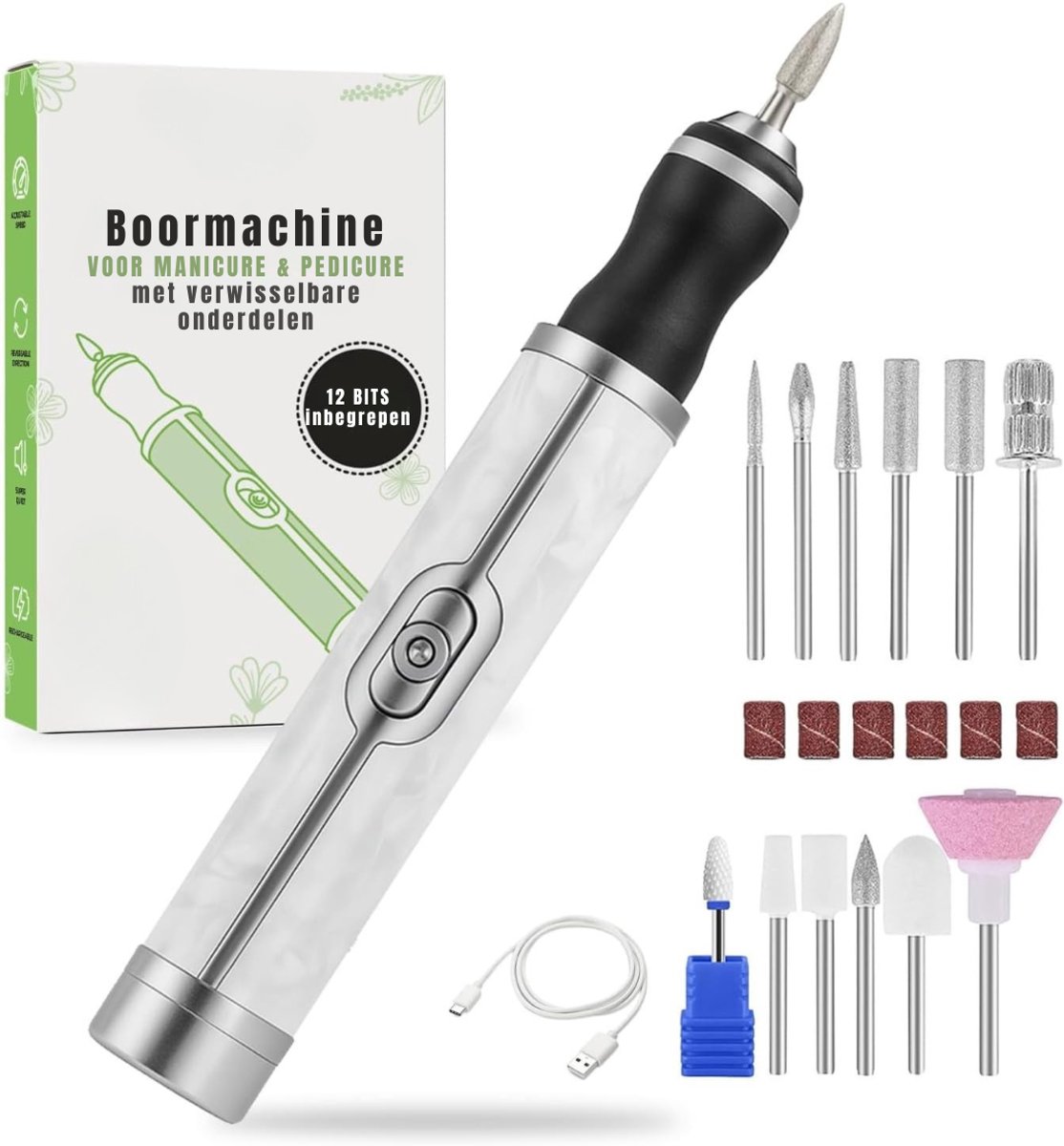 RUX® Nagel spullen - Elektrische Nagelvijl - Nagelfrees - Wit - 15cm x 9cm x 3cm