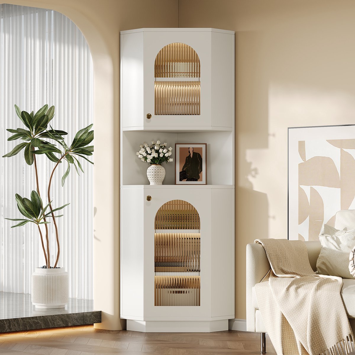 MODFU Badkamerkast – 45x45x166,5 cm – Hoekkast met open en gesloten vakken – Met lichtstrip – Modern design – MDF – Wit