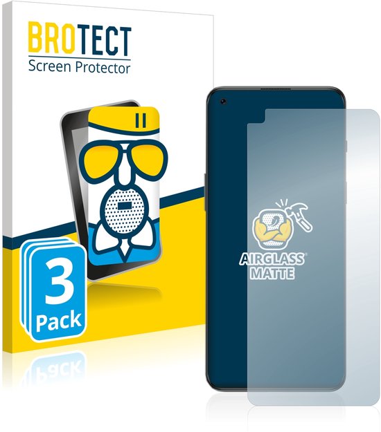 Matte screenprotectors van BROTECT, deels op een smartphone geplaatst, met 3-pack verpakking.