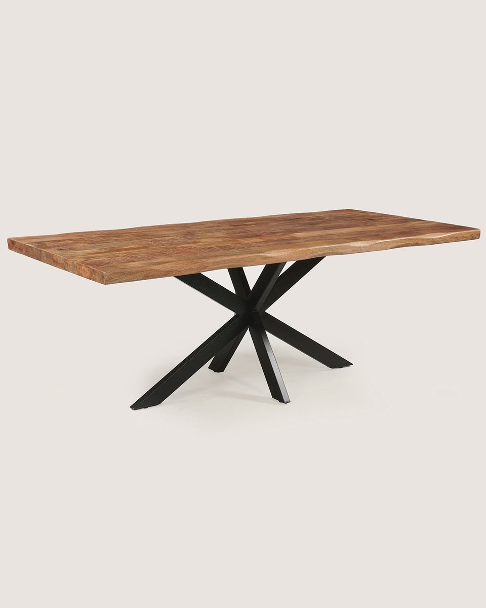 Rechthoekige Boomstam Eettafel 220 cm Mangohout – Rustiek – Zwart Metalen Matrix Onderstel – Industrieel – 8-10 Personen