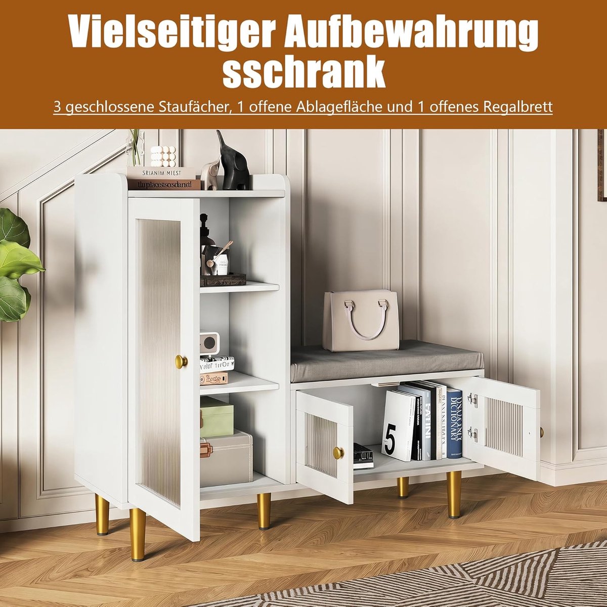 Schoenenkast met Zitbank en Opbergruimte – Multifunctionele Schoenenbank 100x35x90 cm Wit – House&Garden Moderne Hal Organizer met Geribbelde Glazen Deuren, Verstelbare Planken en Gouden Metalen Poten