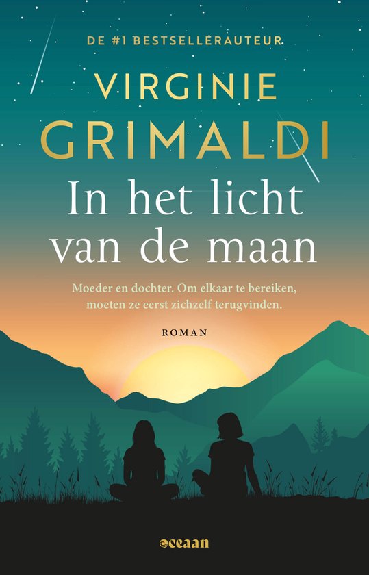 Boekomslag: twee silhouetten voor een bergenlandschap bij zonsondergang en sterrenhemel. Titel: In het licht van de maan.