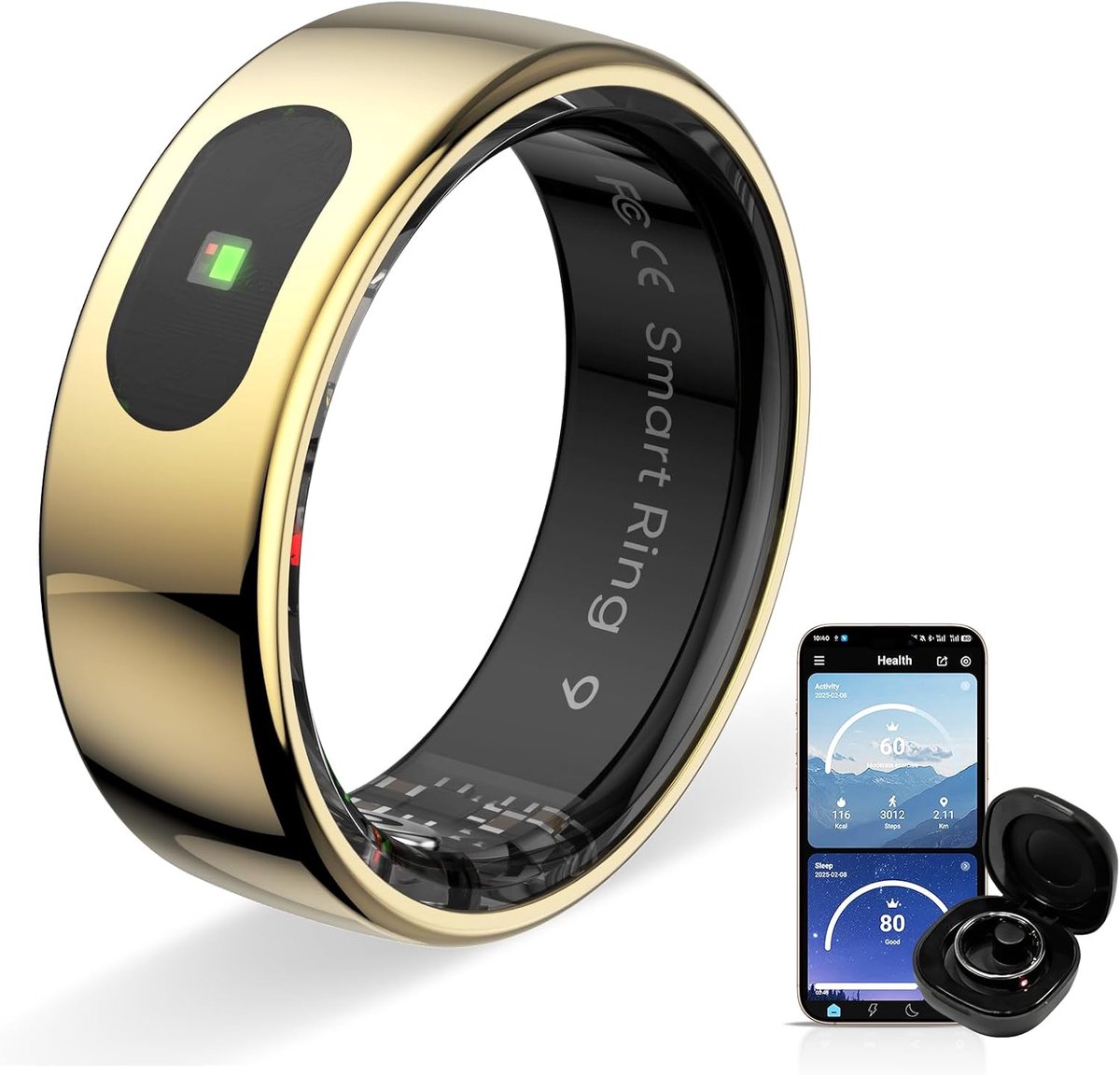 Slimme ring voor daschaar en heren, fitnesstracker, aanraakbediening, waterdicht, 5 ATM, Geschikt voor iOS en Android (goud, 7)