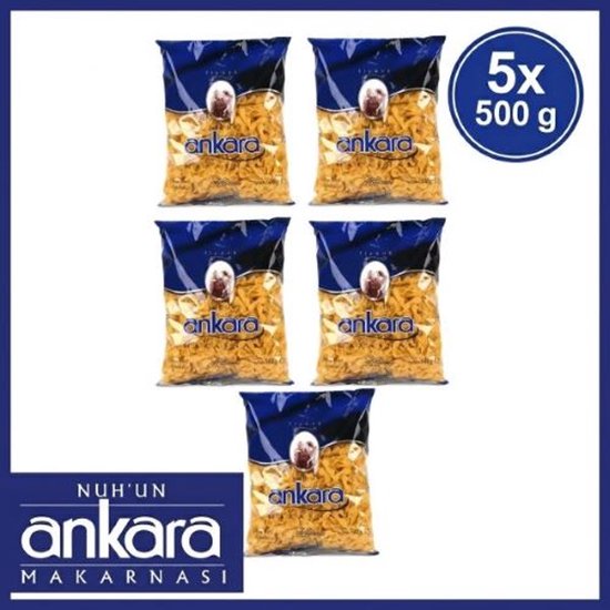 Cinq sachets bleus foncés de pâtes Ankara Fiyonk Makarna, 5x500g.