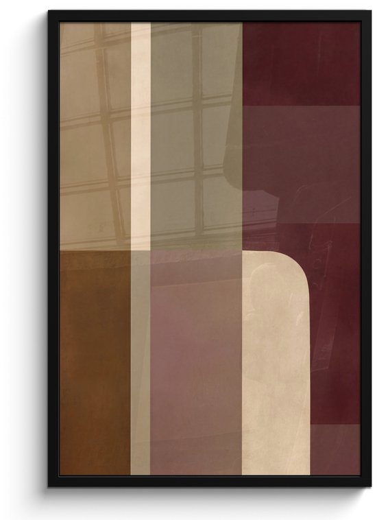Affiche abstraite avec des formes abstraites bordeaux, marron, beige et violettes et des courbes dans un cadre noir.