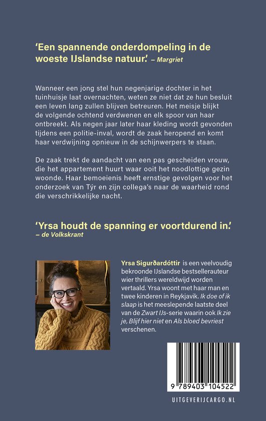 Boekomslag met foto van Yrsa Sigurðardóttir, met tekst van Margriet en de Volkskrant.