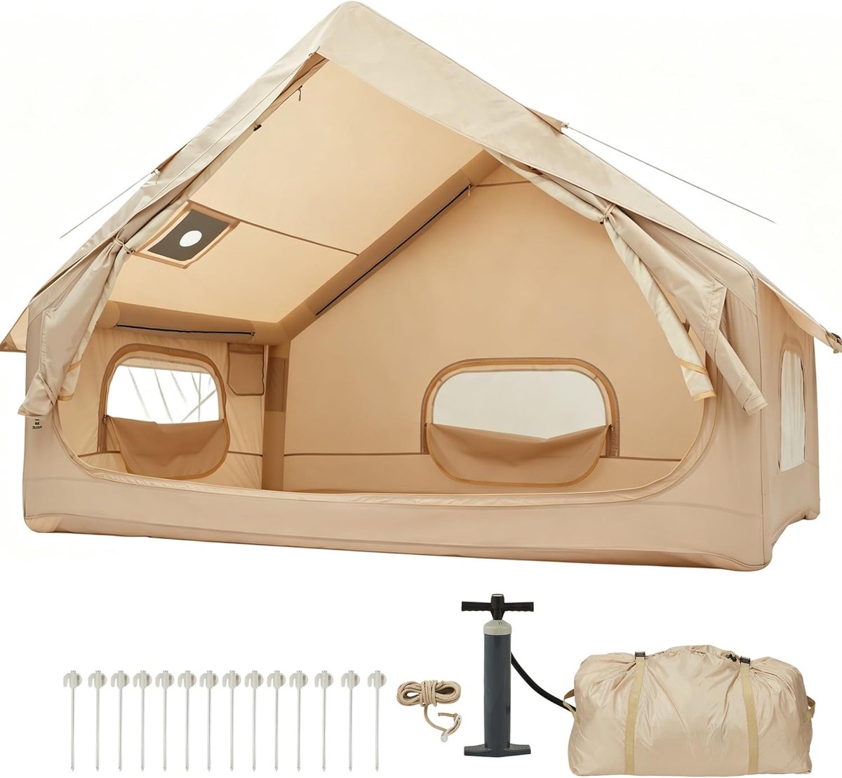 Opblaasbare Tent voor Camping - 2 tot 4 Personen - Glamping Tent met Luchtpomp - Waterdicht & Windbestendig - Met Kachelpoort, Dakraam en Muggennet - Draagbaar - 292 x 203 x 200 cm