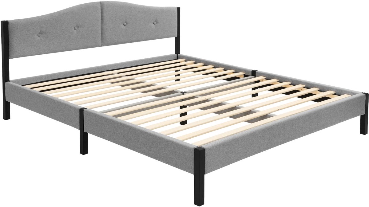 ml-design Gestoffeerd bed 160x200 cm tweepersoonsbed, stabiel bedframe serie, linnen bedombouw met gecapitonneerd hoofdbord en lattenbodem, modern linnenbed met stevig stalen frame en houten poten, comfortabel grijs tweepersoonsbed voor slaapkamer