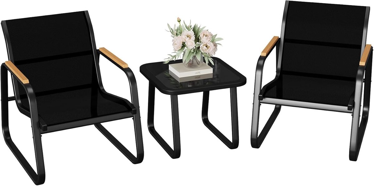 3-delige Tuinset voor 2 Personen - Balkonset met 2 Comfortabele Stoelen en 1 Glazen Tafel - Weerbestendige Terrasset met Houtlook Armleuningen