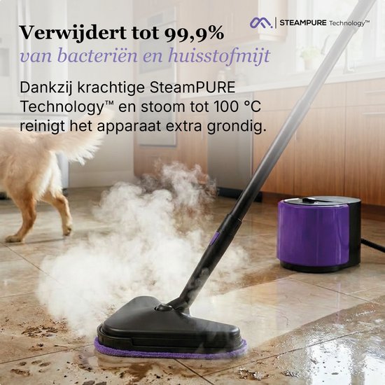 Paarse Motionflow stoomreiniger reinigt een tegelvloer, met een hond op de achtergrond. Verwijdert tot 99.9% bacteriën.