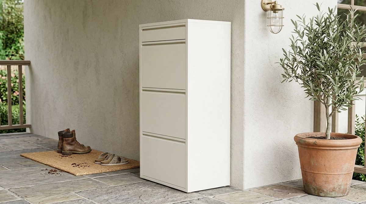Schoenenkast smal hoog met 4 kleppen en lade – House&Garden Caruso metalen schoenenopberger crème – ruimtebesparende schoenenkast voor hal & entree – 6 paar schoenen opbergkast 115 x 50 x 15 cm