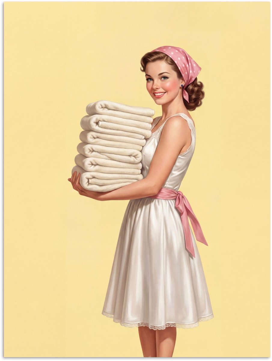 Poster 90x120 cm - Handdoeken - Vrouw - Jurk - Roze - Posters - Kamer decoratie - Wanddeco