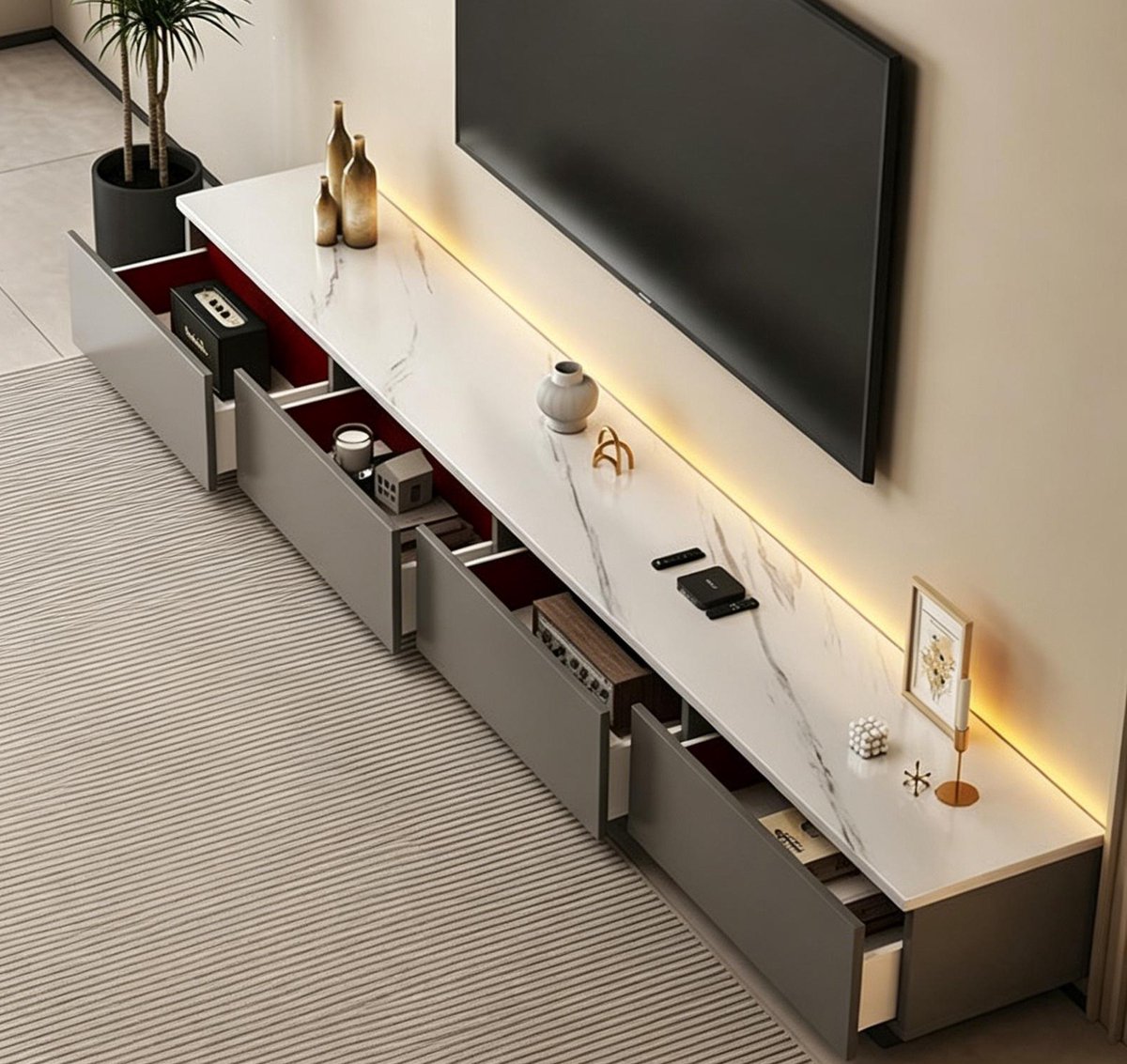 TV-meubel 180 cm grafietgrijs middeleeuws staand entertainmentcentrum met ruime opbergruimte om apparatuur en accessoires netjes op te bergen geschikt voor tv tot 75 inch woonkamer slaapkamer