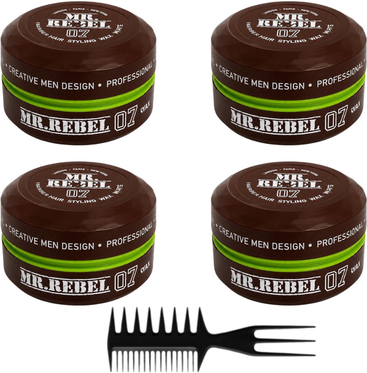 MR. REBEL 07 Haarwax Mannen set van 4 stuks +1 styling kam – Matte Hair Styling Wax – Sterke Hold – Matte Finish – Volume & Textuur – Natuurlijke Look – Barber Wax