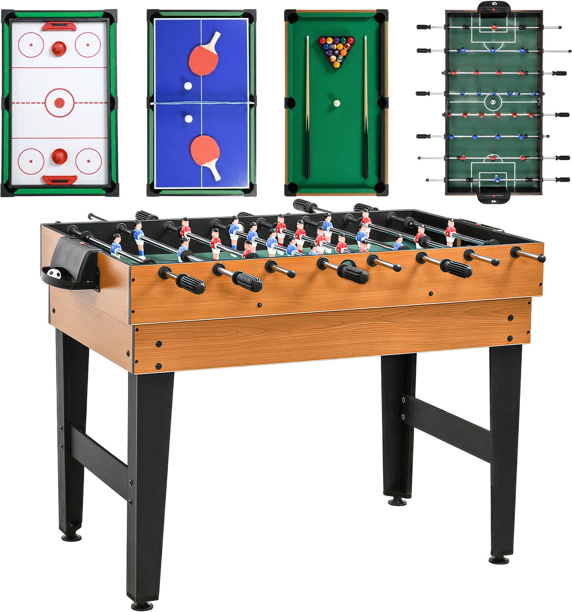 HOMCOM-Multigame Spieltisch-MDF, Stahl-107L x 61B x 84,5H cm-Naturholz+Schwarz