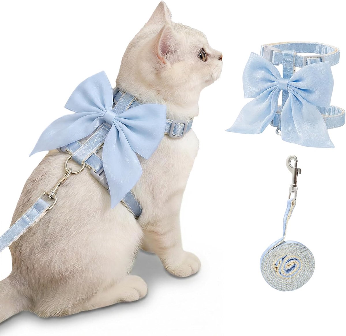 Ulisem - Kattentuigje met Strikje - Blauw Kattentuigje en Riem Set met Strikje - Ontsnappingsbestendig - Verstelbaar Kattentuigje met Riem - voor Buiten Uitlaten - Zacht Lichtgewicht Tuigje voor Kleine Honden, Katten en Konijnen - S