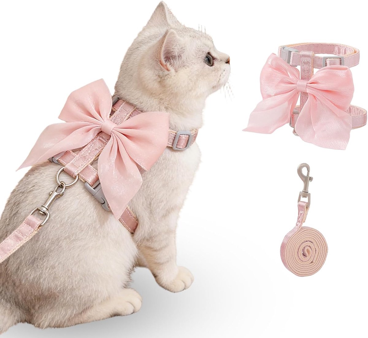 Ulisem - Kattentuigje met Strikje - Roze Kattentuigje en Riem Set met Strikje - Ontsnappingsbestendig - Verstelbaar Kattentuigje met Riem - voor Buiten Uitlaten - Zacht Lichtgewicht Tuigje voor Kleine Honden, Katten en Konijnen - M